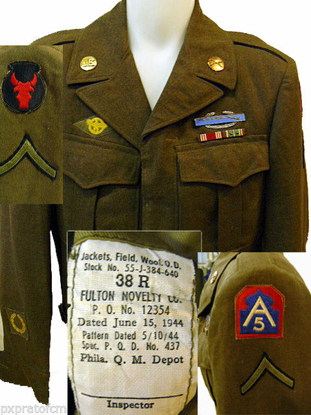 WWII Ike Jacket Red Bull e 5 Armata campagnia d'Italia 1944 