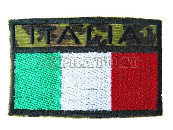Patch Bandiera Mimetica Vegetata Italiana Militare Rettangolare Ricamata Scritta Nera con Velcro